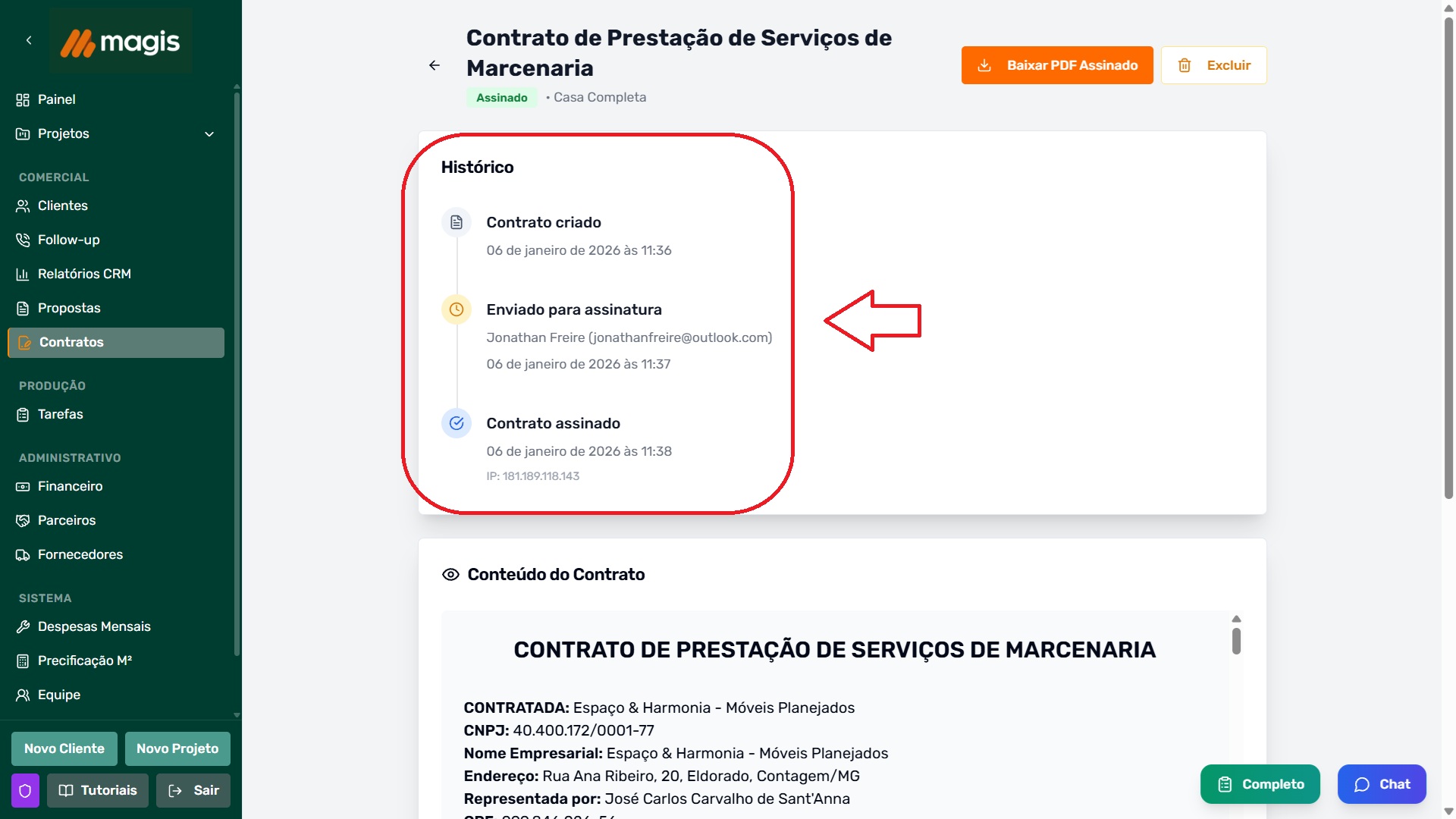 Página de Histórico de Contrato