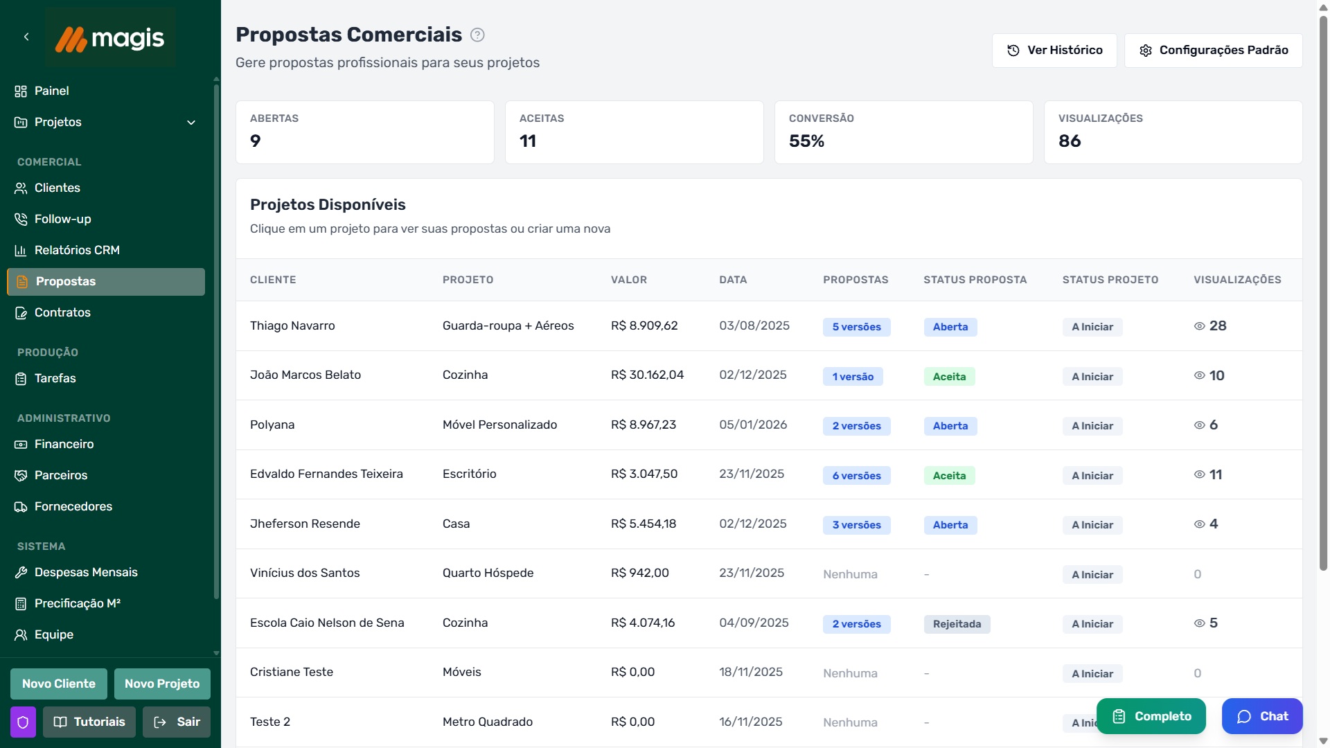 Página de Propostas Comerciais