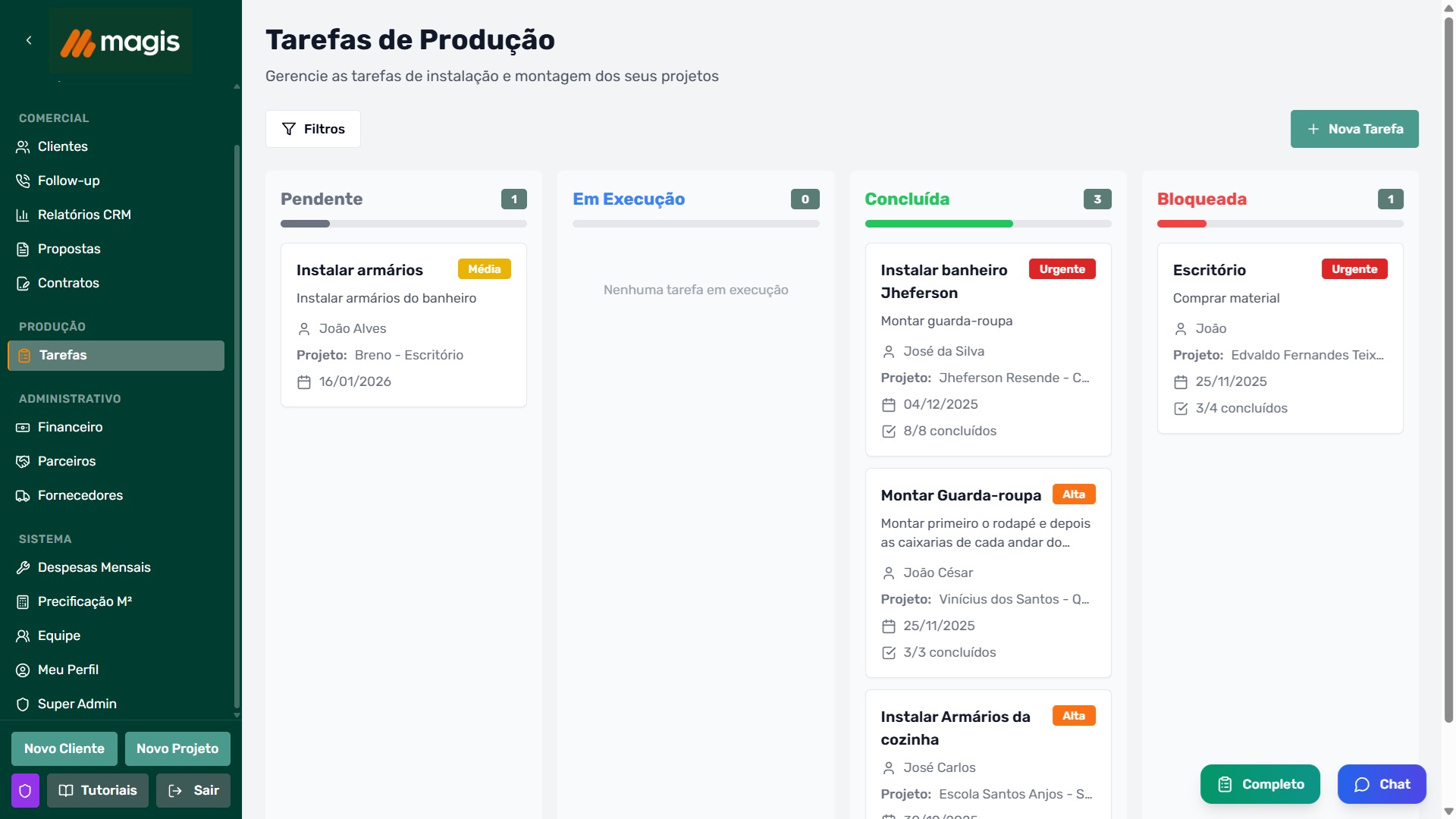 Tarefas da Produção